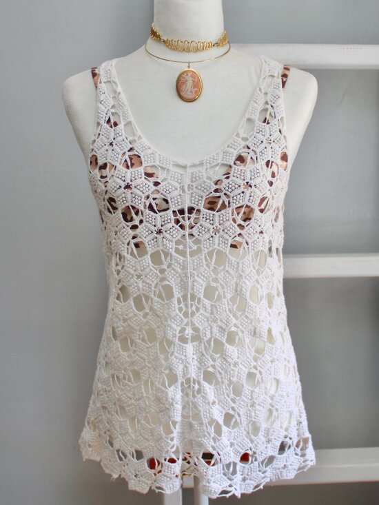 Kenar Tops - Kenar Cream Color Open Crochet Knit Tank Top Boho Festival Cottage Size Medium